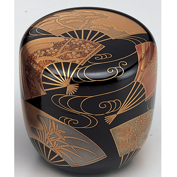 時代平棗　　扇面蒔絵　蓋内草花紋 時代平棗 扇面蒔絵 蓋内草花紋